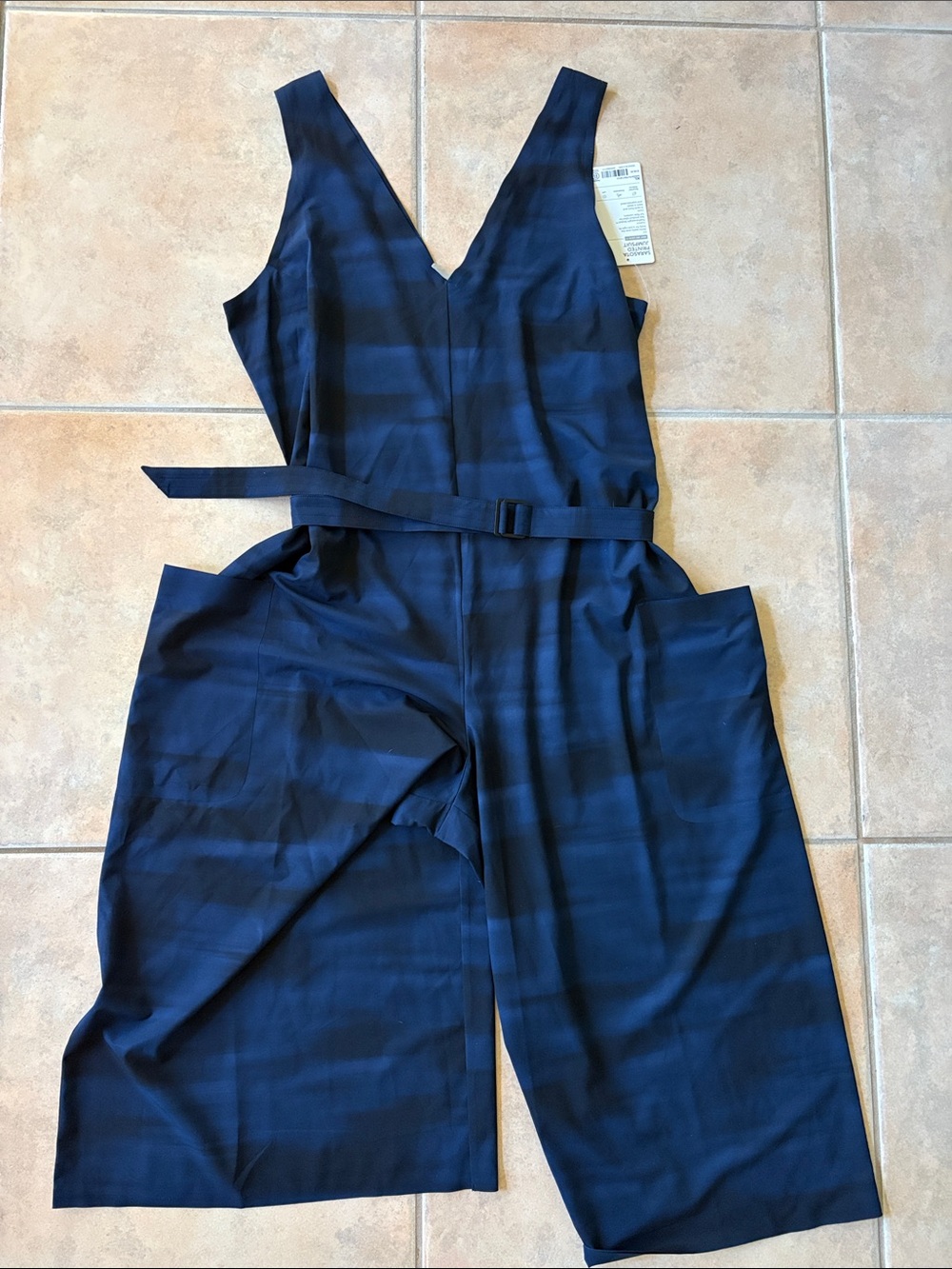 Athleta Navy Sarasota Striped V-Neck Sleeveless Jumpsuit with Waist Tie NWT